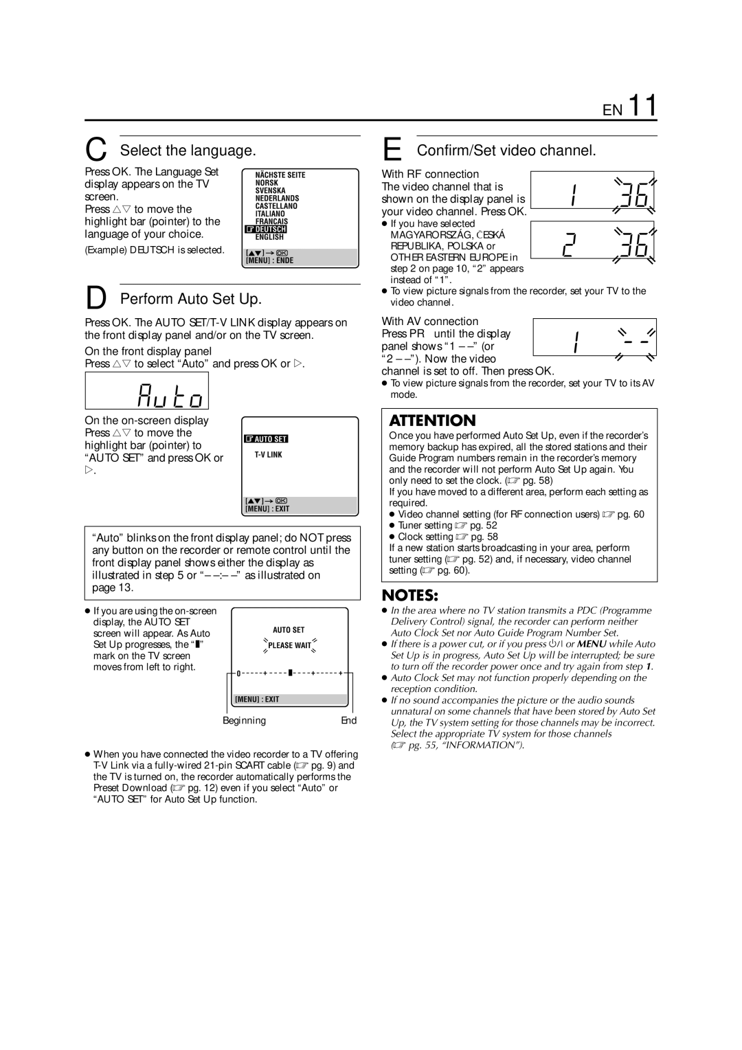 JVC HR-S6953EU, HR-S6950EU Select the language, Perform Auto Set Up, Confirm/Set video channel, On the front display panel 