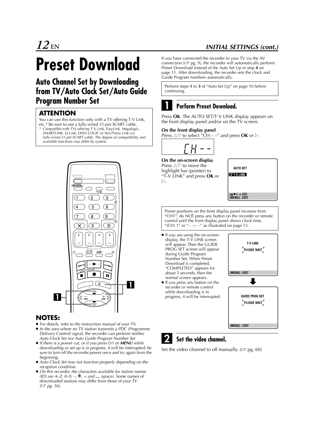 JVC HR-S6950EU 12 EN, Perform Preset Download, Set the video channel, Press rt to select CH - and press OK or e 