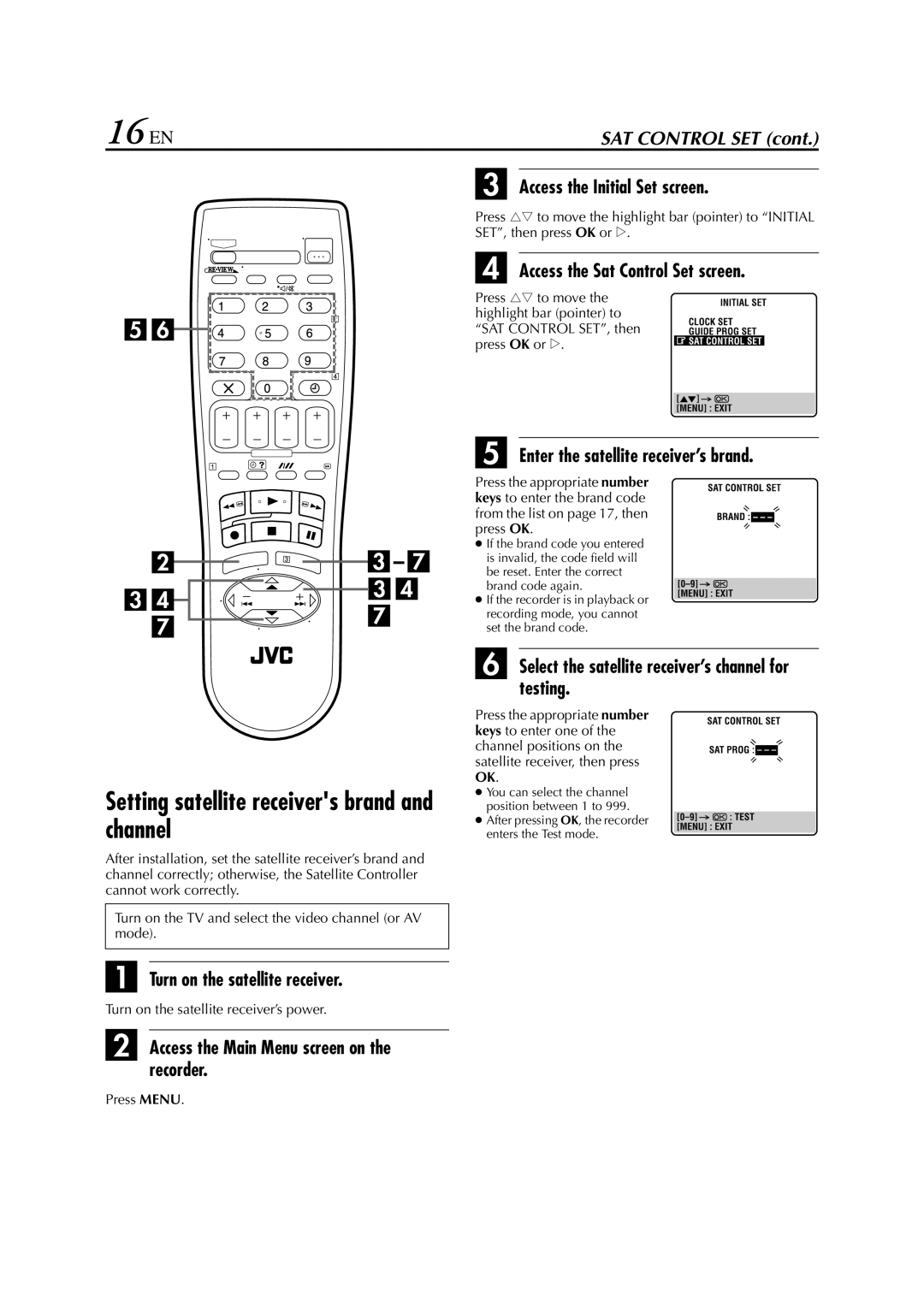 JVC HR-S6950EU, HR-S6953EU specifications 16 EN, Setting satellite receivers brand and channel 