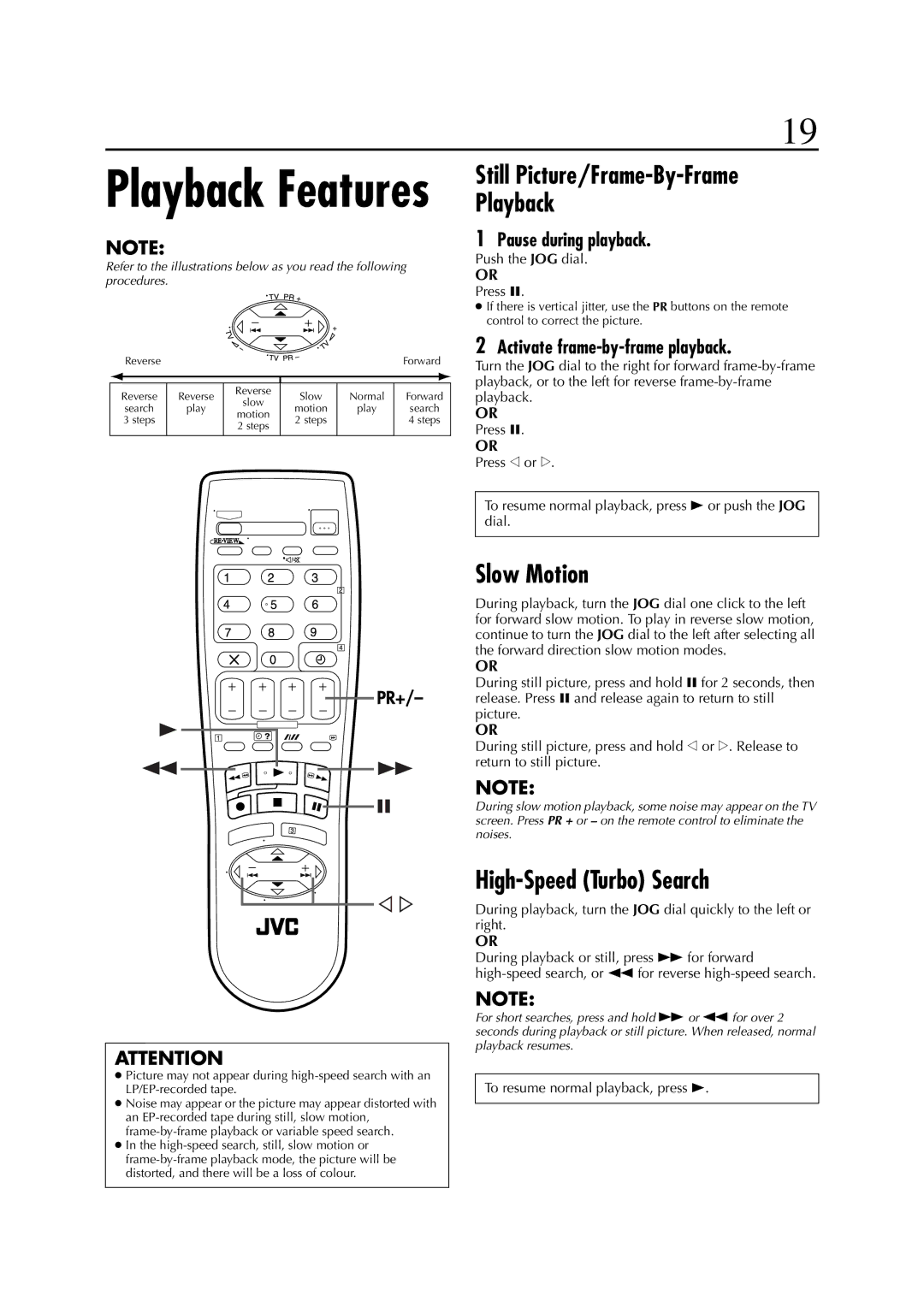 JVC HR-S6953EU, HR-S6950EU Slow Motion, High-Speed Turbo Search, Pause during playback, Activate frame-by-frame playback 