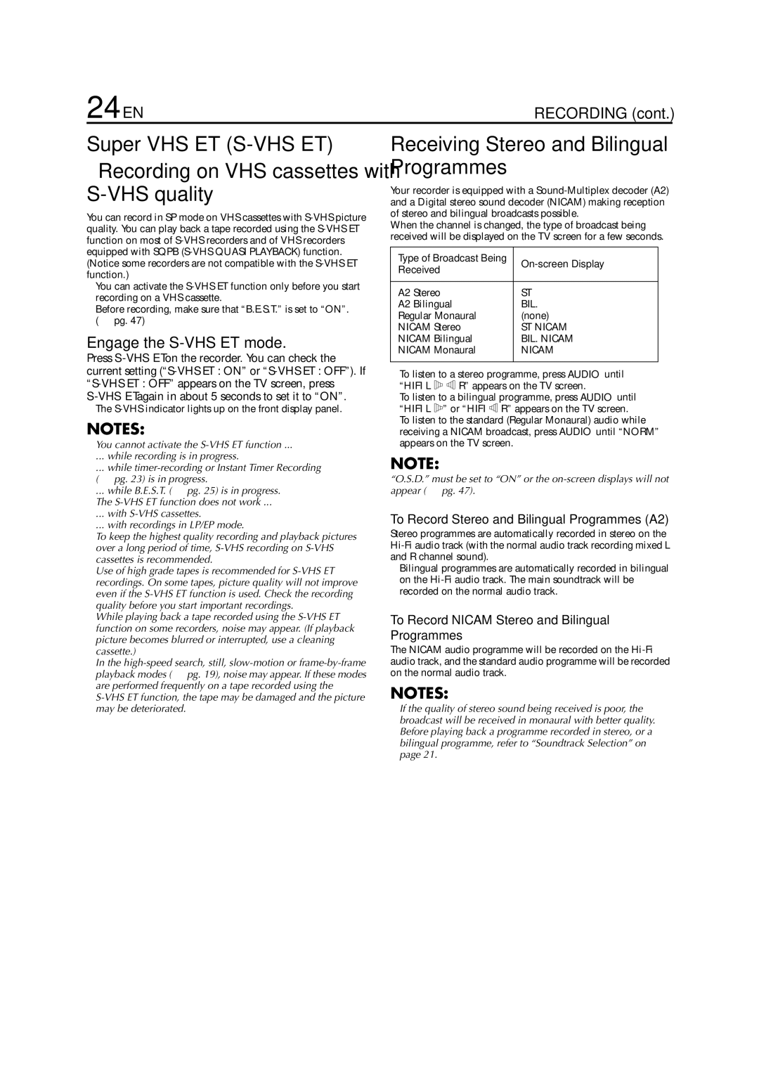 JVC HR-S6950EU 24 EN, Super VHS ET S-VHS ET, Receiving Stereo and Bilingual Programmes, Engage the S-VHS ET mode 