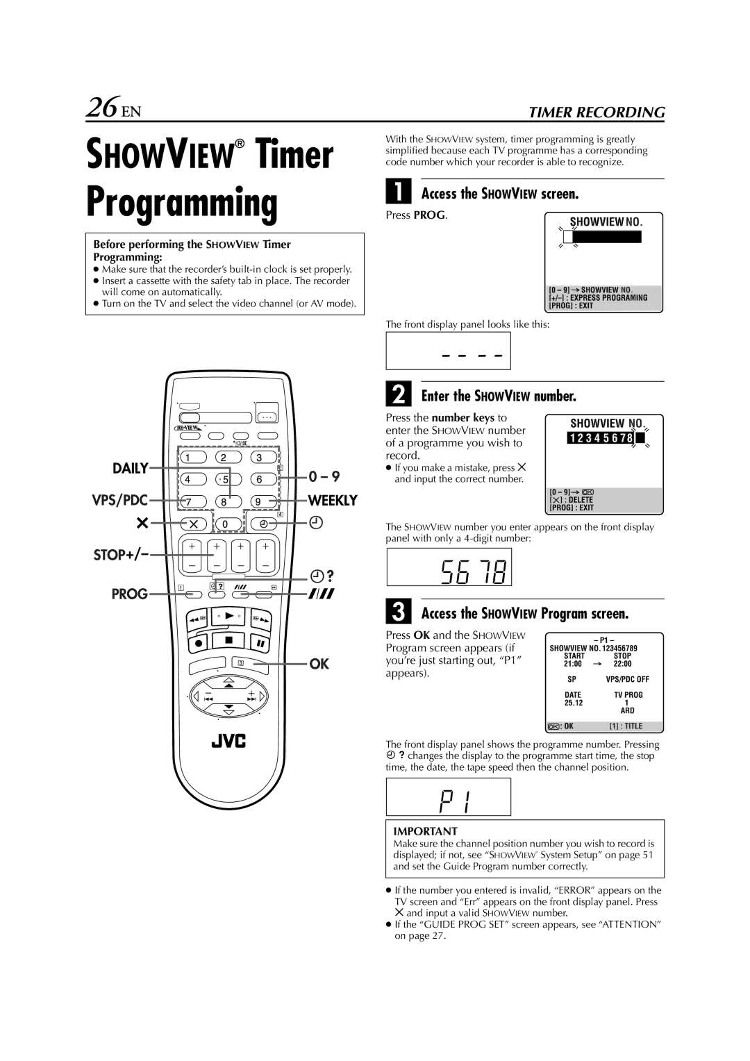 JVC HR-S6950EU 26 EN, Access the Showview screen, Enter the Showview number, Access the Showview Program screen 