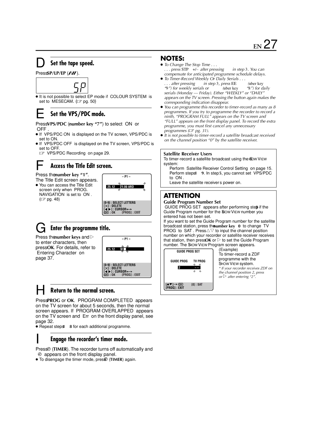 JVC HR-S6953EU, HR-S6950EU specifications Set the VPS/PDC mode, Access the Title Edit screen, Enter the programme title 