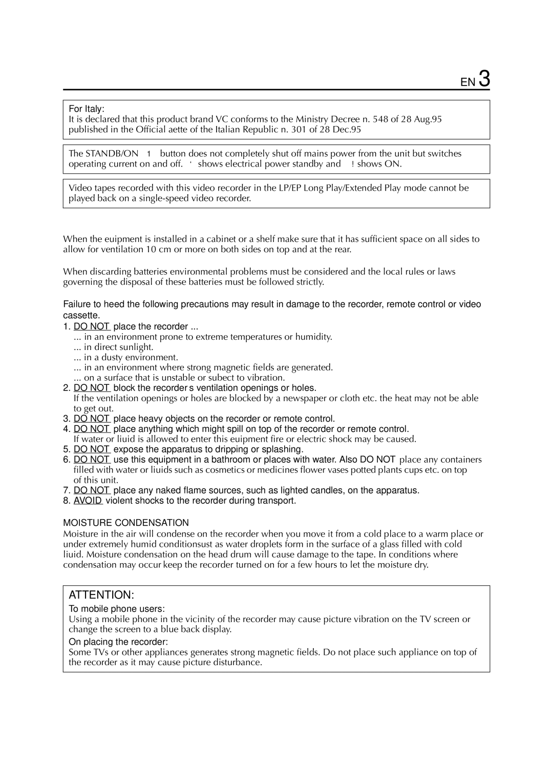 JVC HR-S6953EU, HR-S6950EU specifications Moisture Condensation 