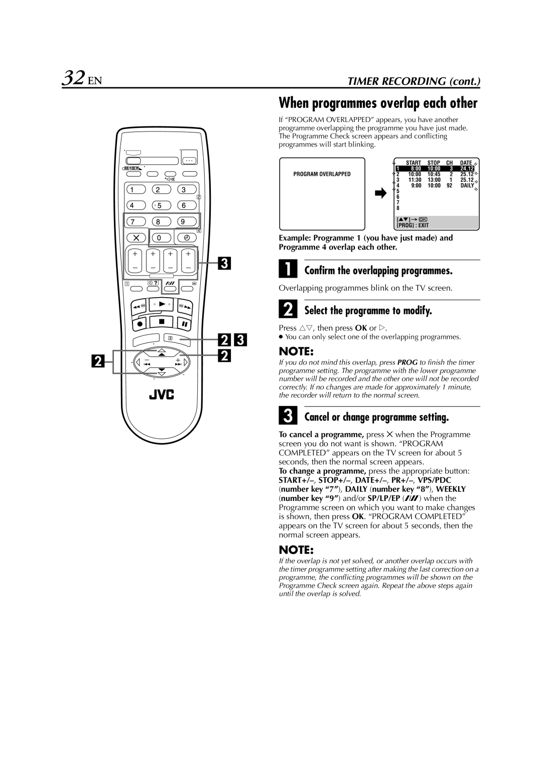 JVC HR-S6950EU Confirm the overlapping programmes, Select the programme to modify, Cancel or change programme setting 