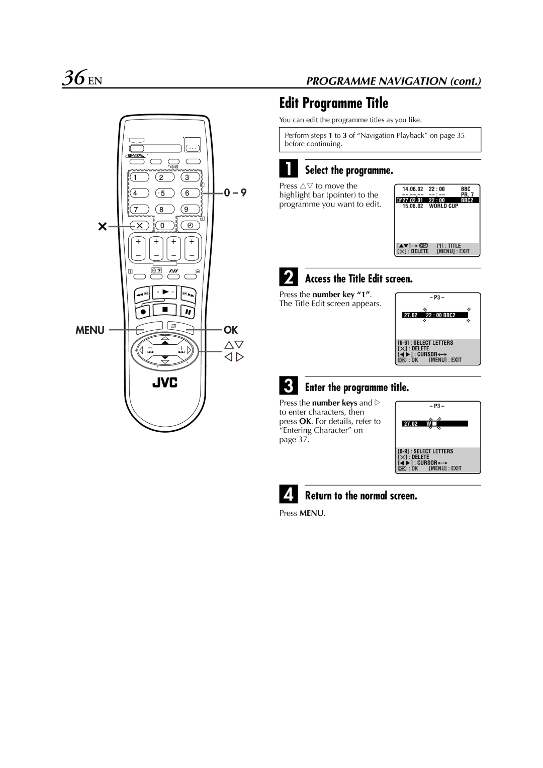 JVC HR-S6950EU, HR-S6953EU specifications 36 EN, Edit Programme Title, Select the programme 