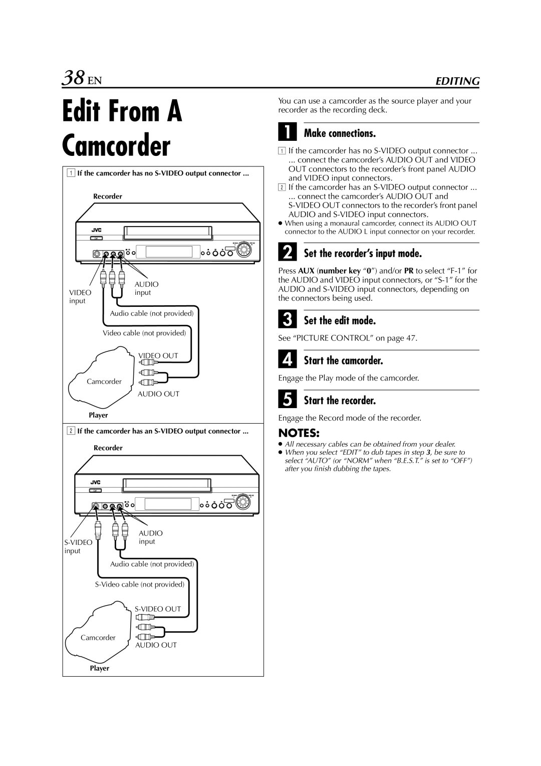 JVC HR-S6950EU, HR-S6953EU specifications Edit From a Camcorder, 38 EN 