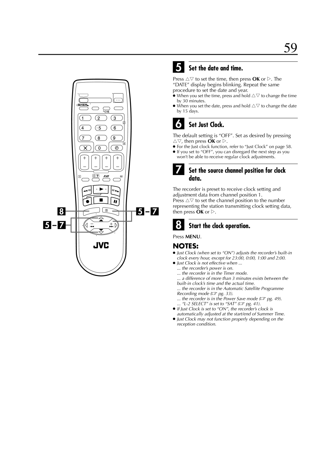 JVC HR-S6953EU, HR-S6950EU Set the date and time, Set Just Clock, Set the source channel position for clock data 