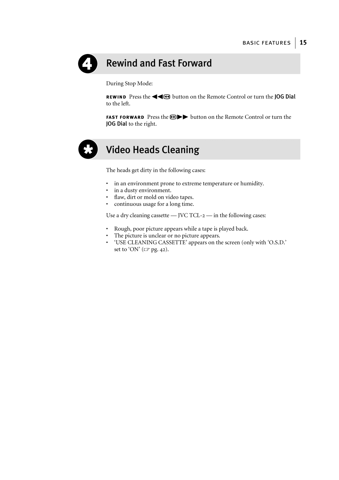 JVC HR-S6955EK manual Rewind and Fast Forward, Video Heads Cleaning 