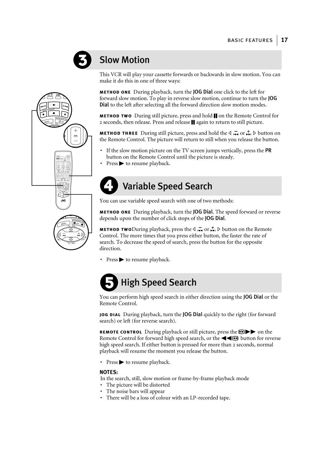 JVC HR-S6955EK manual Slow Motion, Variable Speed Search, High Speed Search 