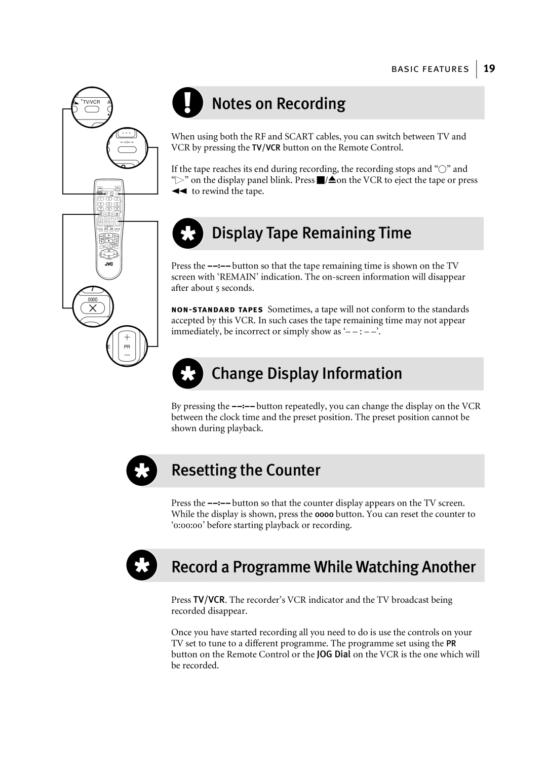 JVC HR-S6955EK manual Display Tape Remaining Time, Change Display Information, Resetting the Counter 