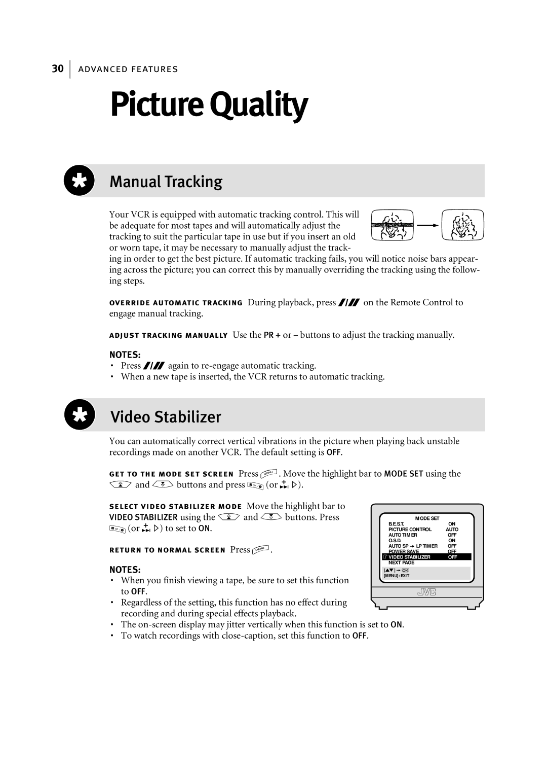 JVC HR-S6955EK manual Picture Quality, Manual Tracking, Video Stabilizer, Or E to set to on 