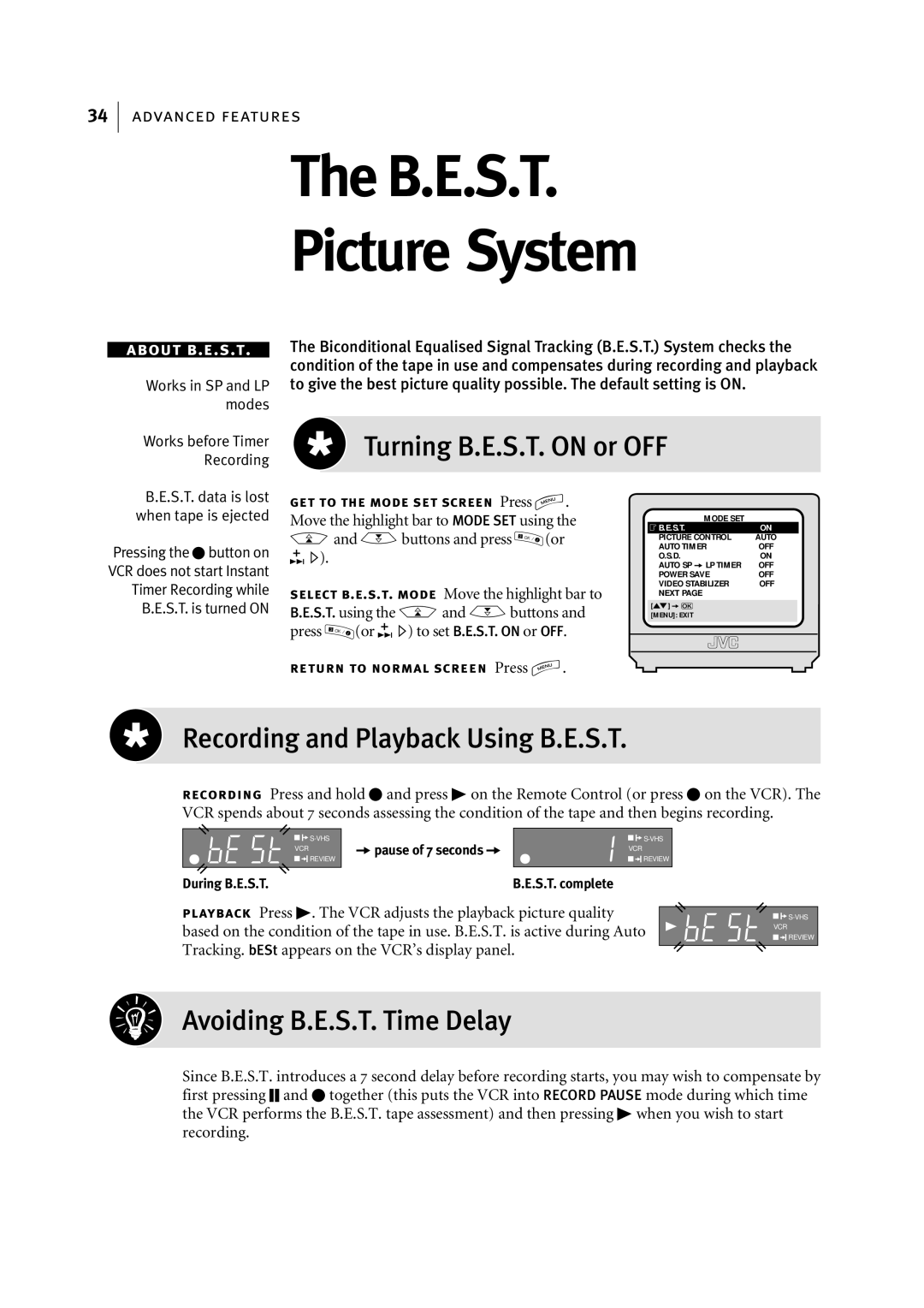 JVC HR-S6955EK manual Turning B.E.S.T. on or OFF, Recording and Playback Using B.E.S.T, Avoiding B.E.S.T. Time Delay 