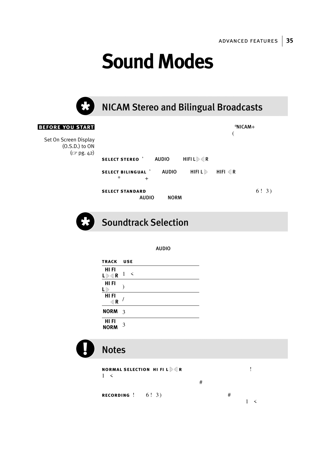 JVC HR-S6955EK manual Sound Modes, Nicam Stereo and Bilingual Broadcasts, Soundtrack Selection 