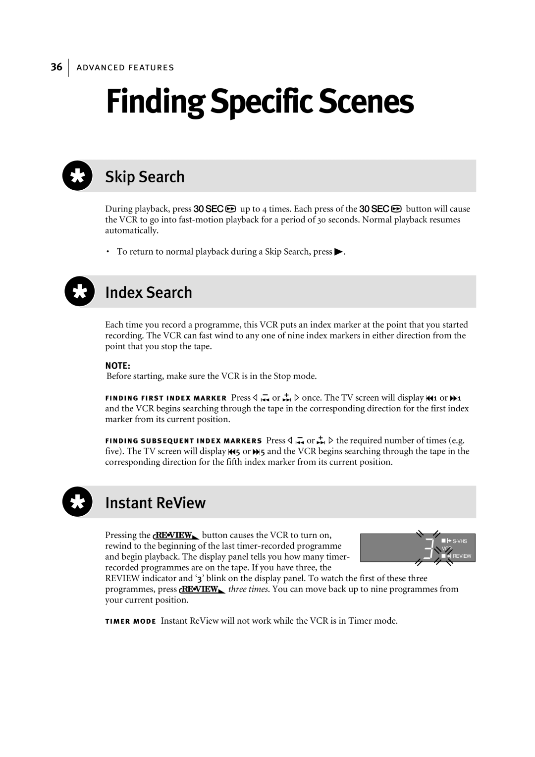 JVC HR-S6955EK manual Skip Search, Index Search, Instant ReView, Pressing the rbutton causes the VCR to turn on 