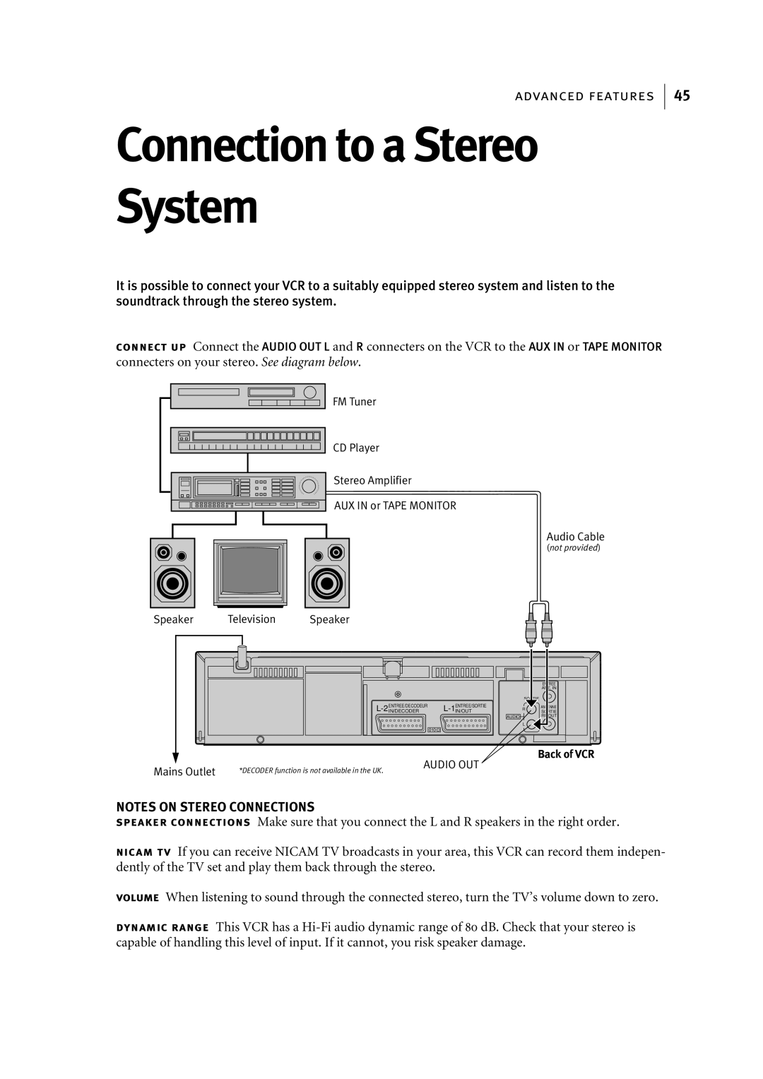 JVC HR-S6955EK manual Connection to a Stereo System, AUX in or Tape Monitor 