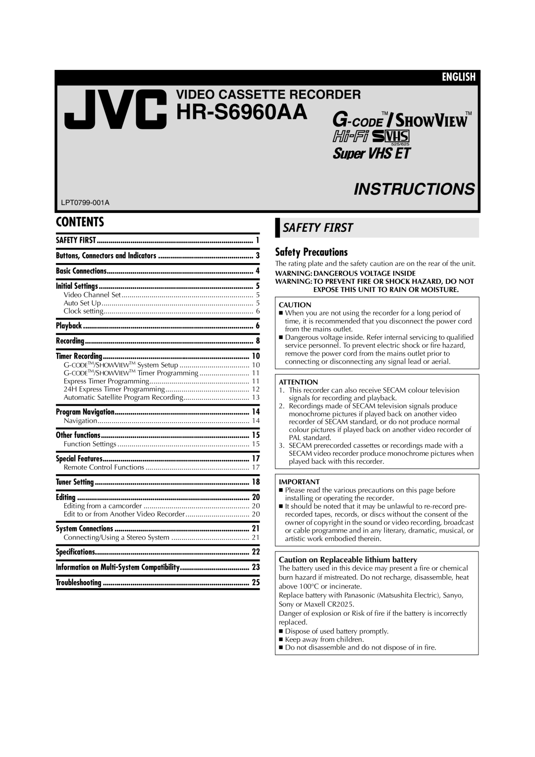 JVC LPT0799-001A, 0703-AH-PJ-BJ specifications HR-S6960AA 