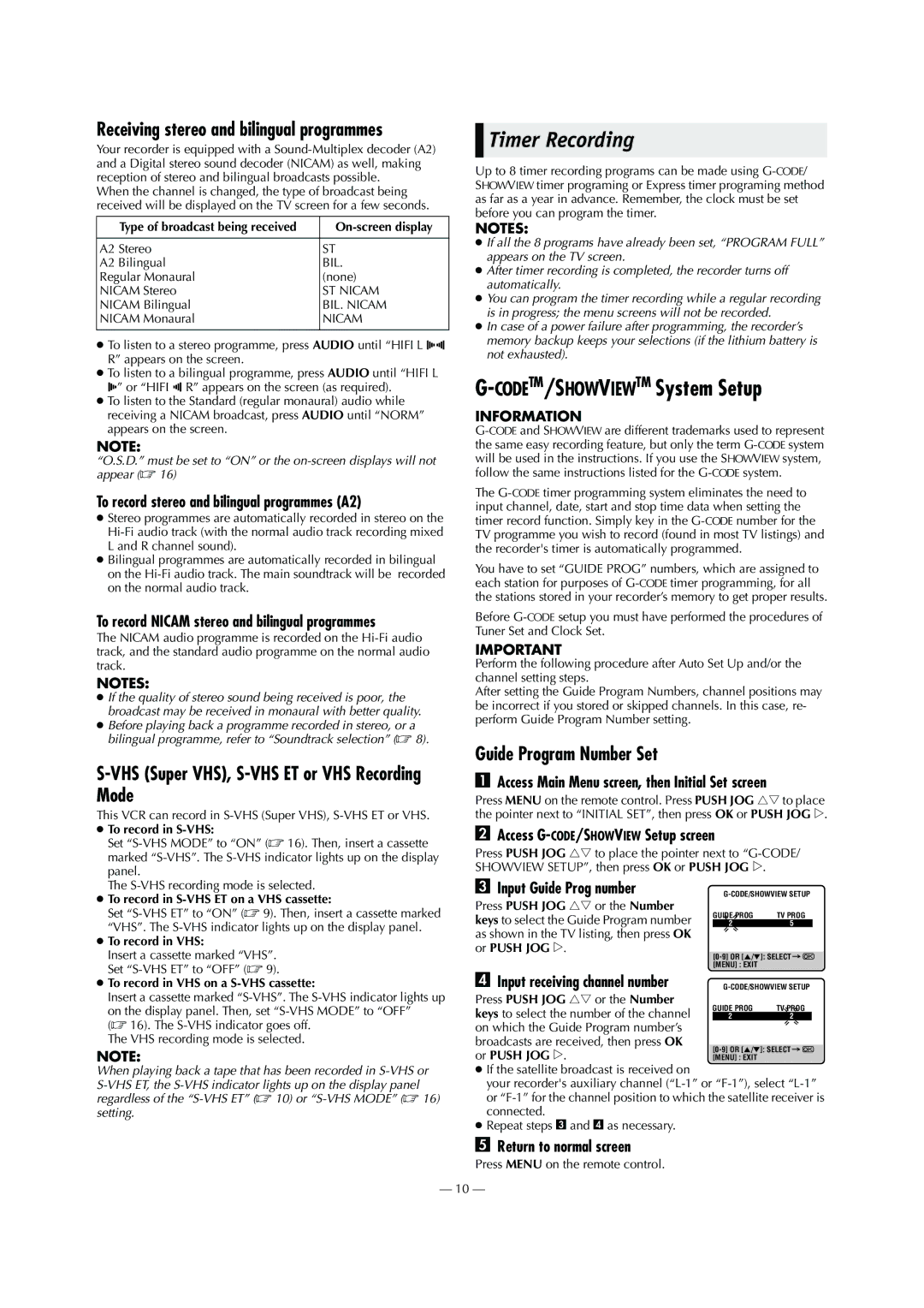 JVC LPT0799-001A, HR-S6960AA Timer Recording, CODETM/SHOWVIEWTMSystem Setup, VHS Super VHS, S-VHS ET or VHS Recording Mode 