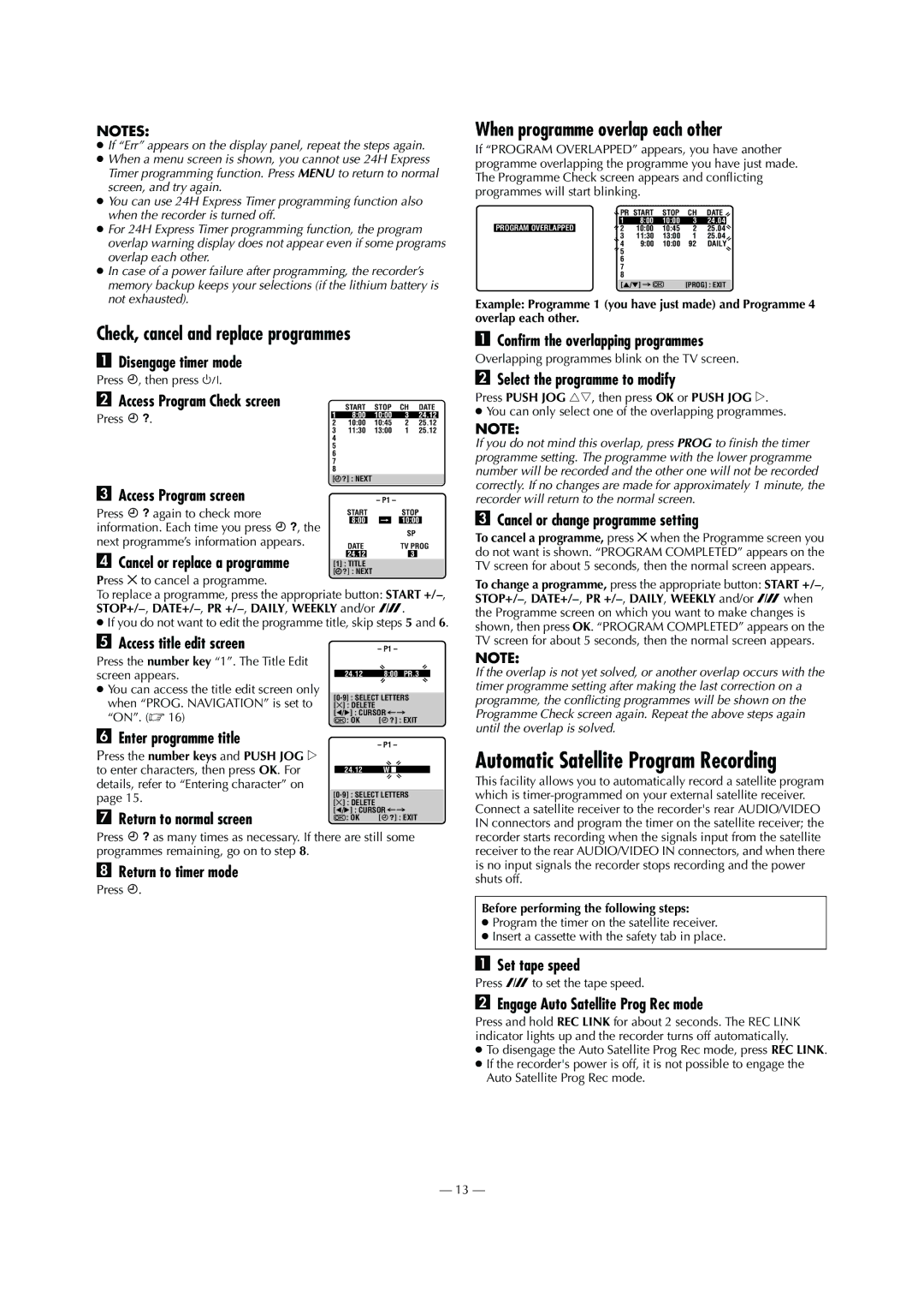 JVC LPT0799-001A, HR-S6960AA, 0703-AH-PJ-BJ Check, cancel and replace programmes, When programme overlap each other 