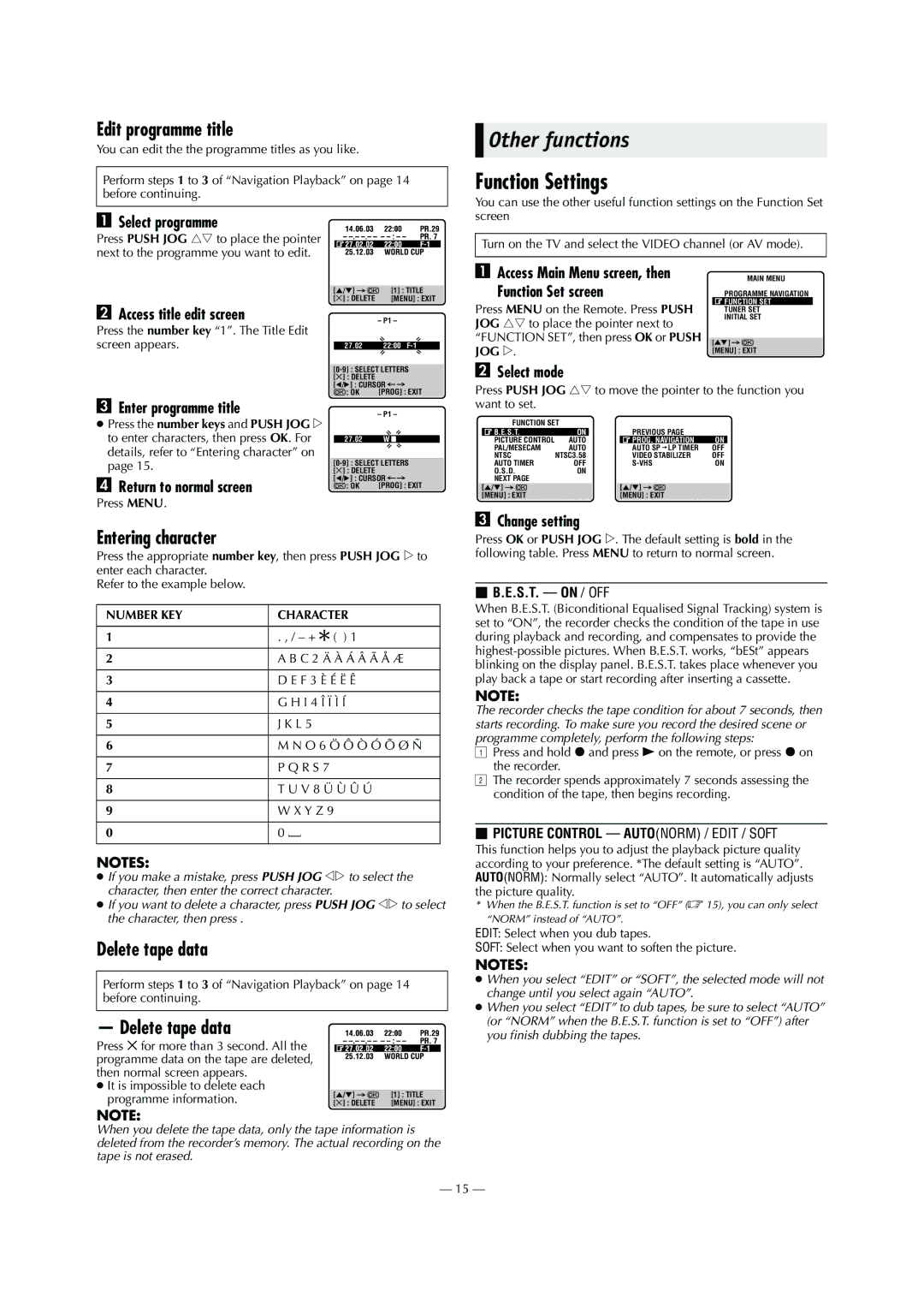 JVC HR-S6960AA Other functions, Function Settings, Edit programme title, Entering character, Delete tape data 