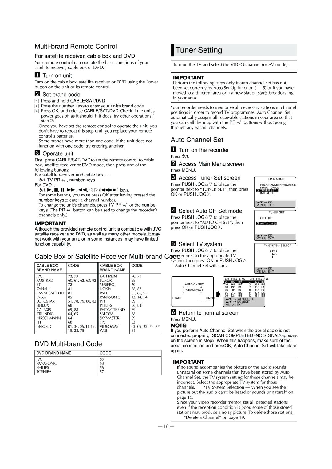 JVC HR-S6960AA, LPT0799-001A Tuner Setting, Multi-brand Remote Control, Auto Channel Set, DVD Multi-brand Code 