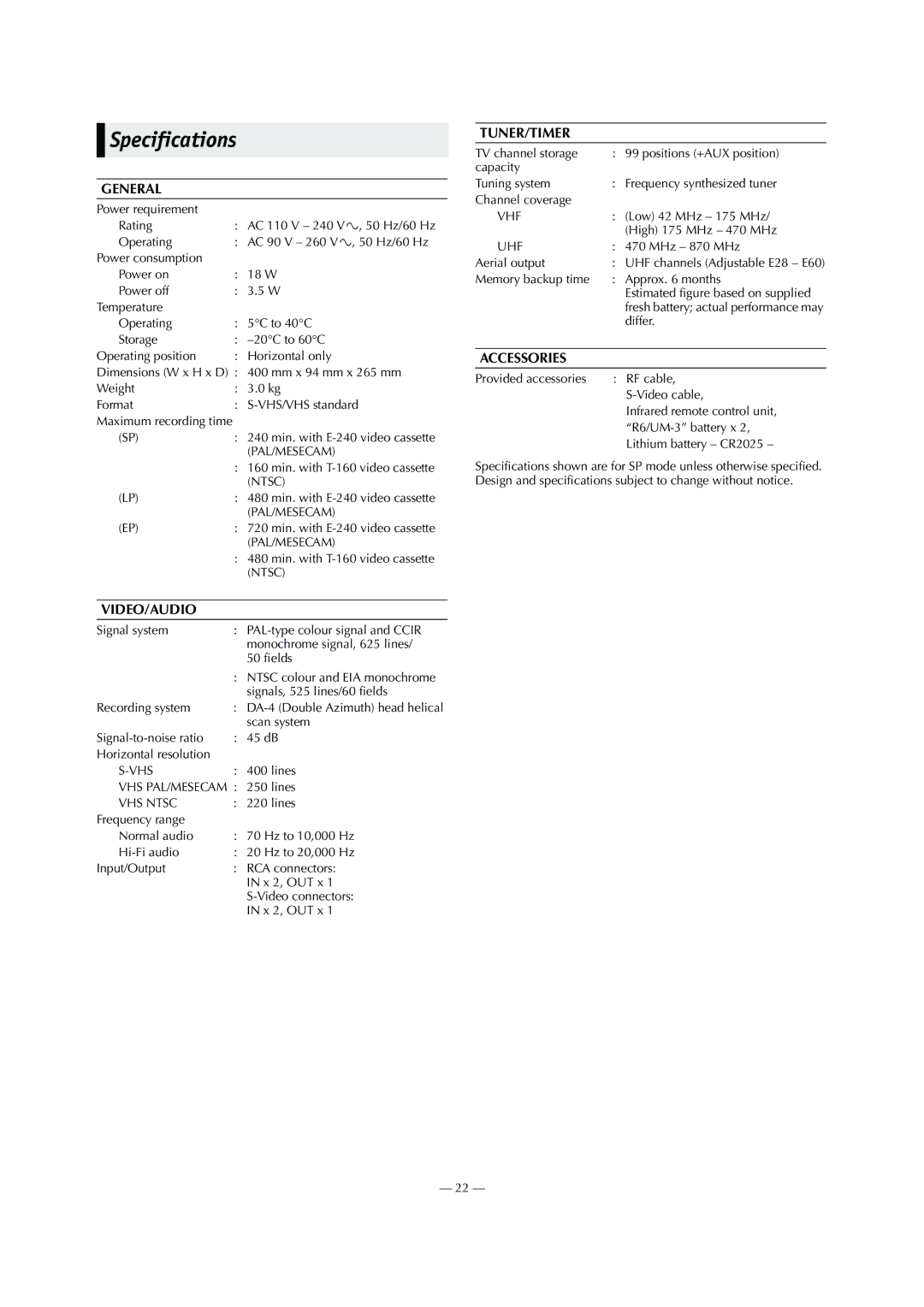 JVC LPT0799-001A, HR-S6960AA, 0703-AH-PJ-BJ specifications Specifications 