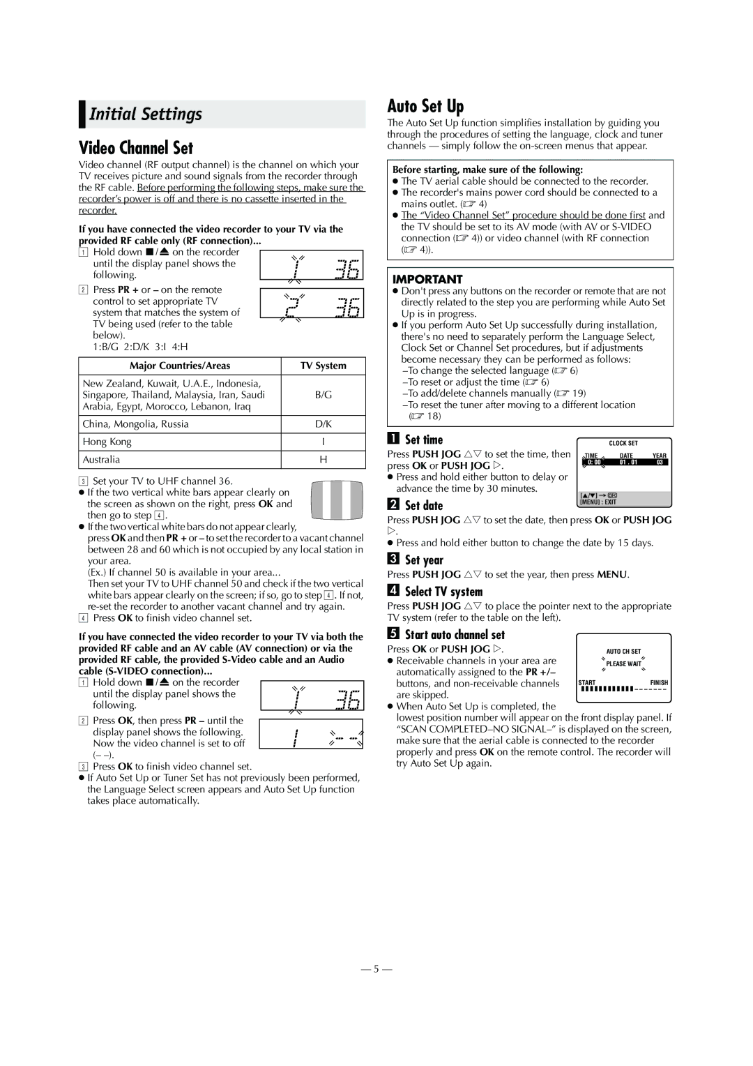 JVC 0703-AH-PJ-BJ, HR-S6960AA, LPT0799-001A specifications Initial Settings, Video Channel Set, Auto Set Up 