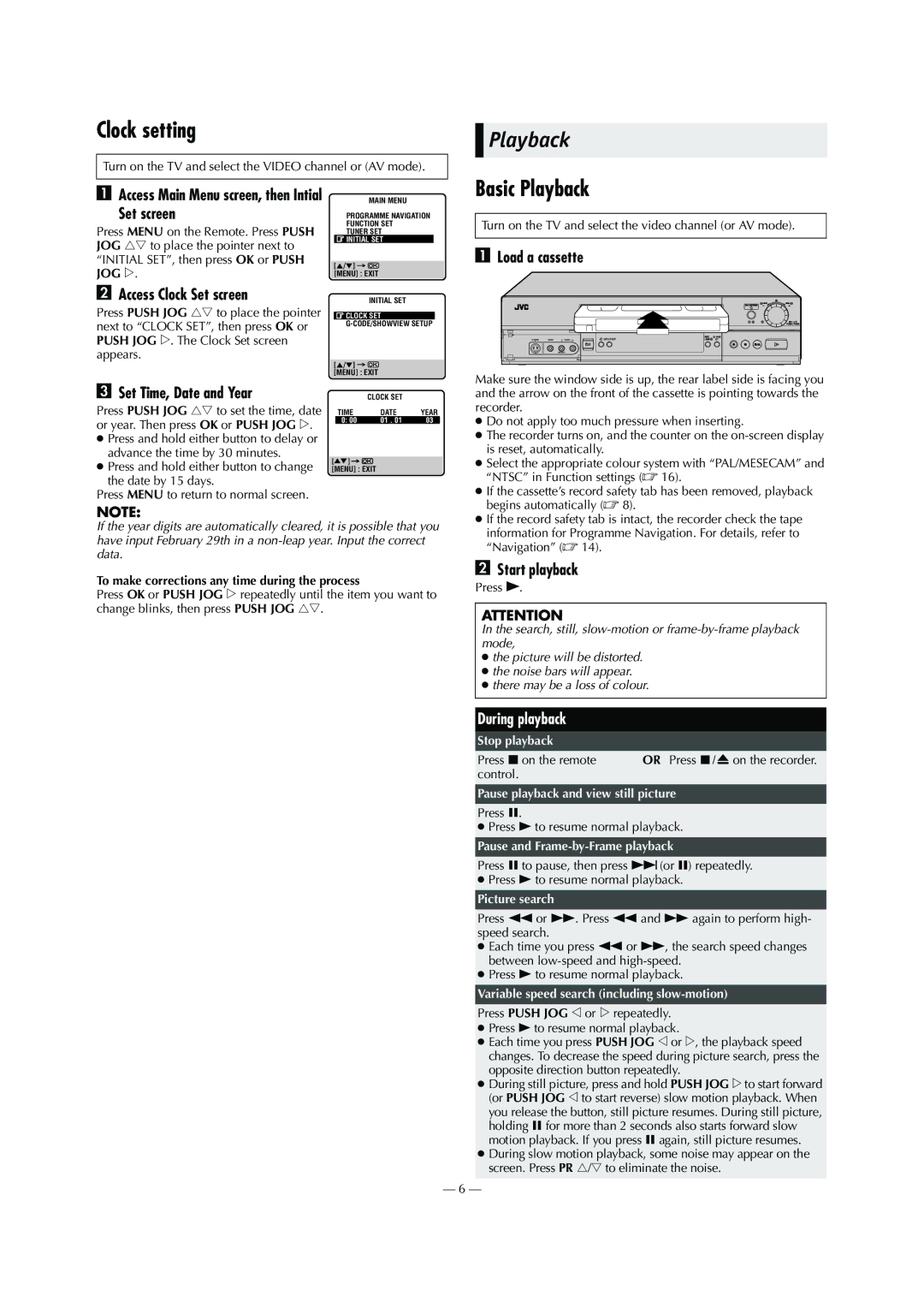 JVC HR-S6960AA, LPT0799-001A, 0703-AH-PJ-BJ specifications Clock setting, Basic Playback 