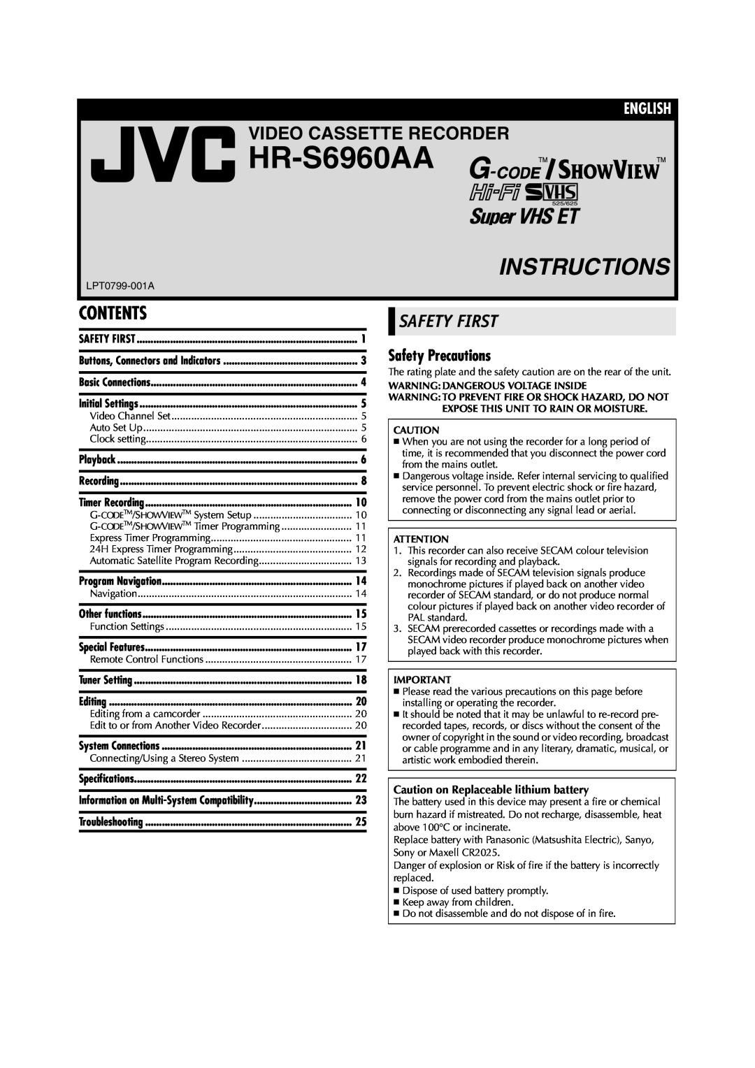 JVC LPT0799-001A specifications Contents, Safety First, Safety Precautions, Caution on Replaceable lithium battery 