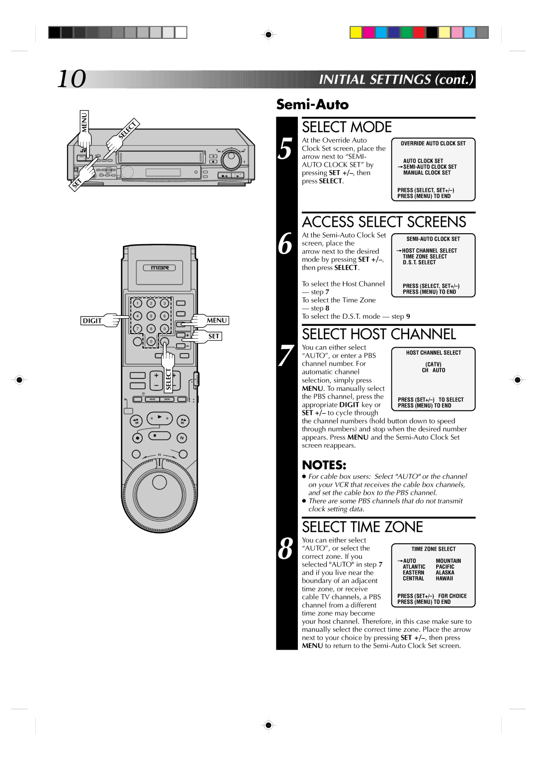 JVC HR-S7300U manual Access Select Screens, Select Host Channel, Select Time Zone, Initial Settings, Semi-Auto 