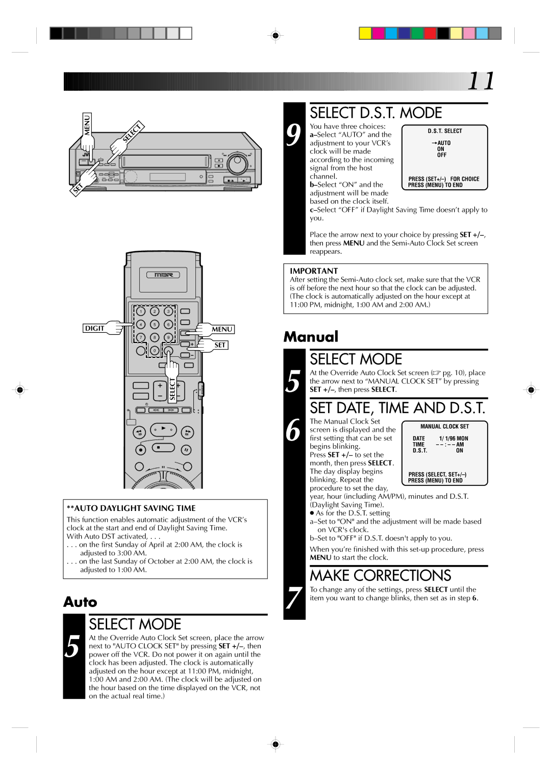 JVC HR-S7300U manual Select Mode, Select D.S.T. Mode, Make Corrections, Auto, Manual 