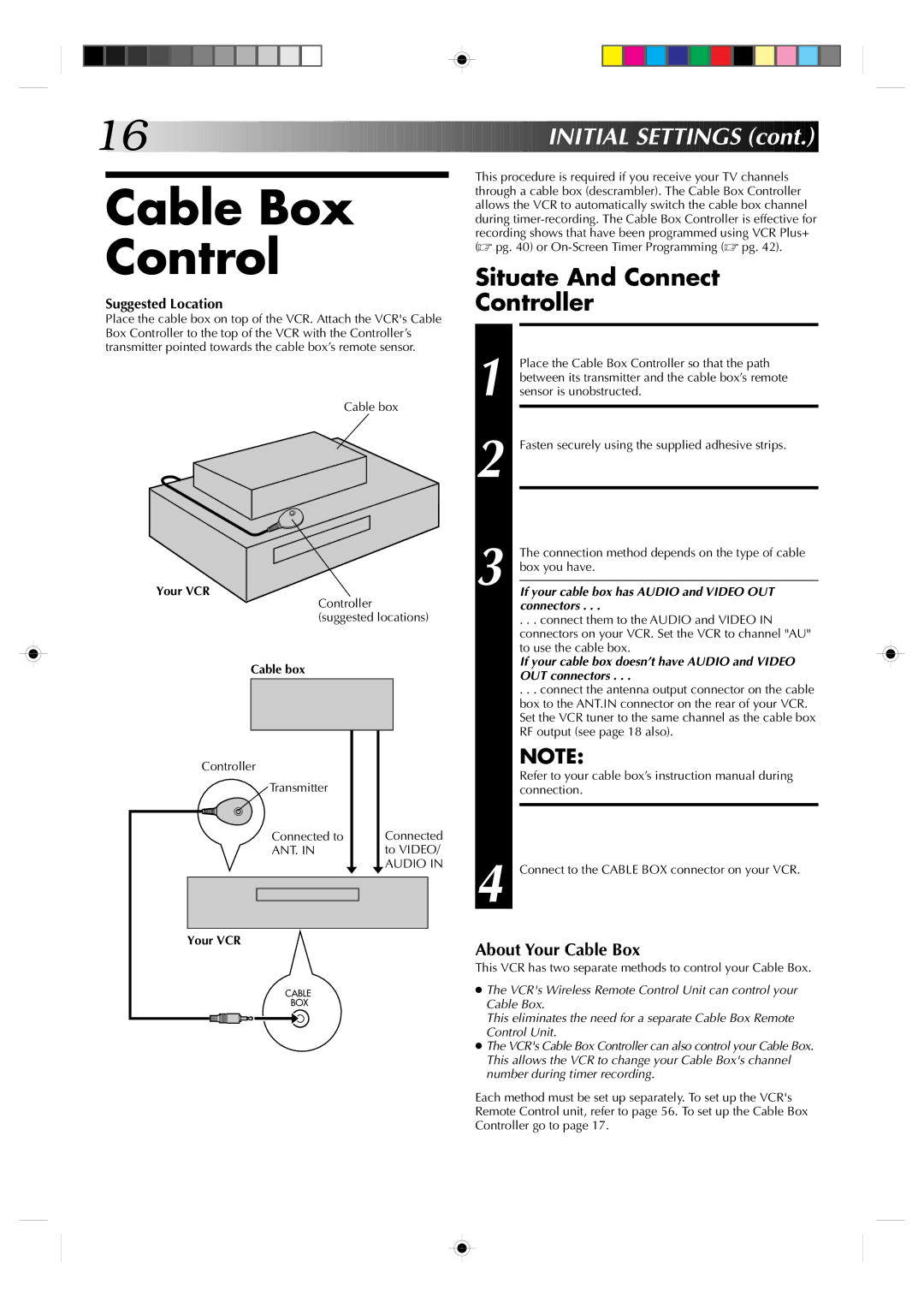 JVC HR-S7300U manual Cable Box Control, Situate Controller, Attach Controller, Connect Cable BOX to VCR 