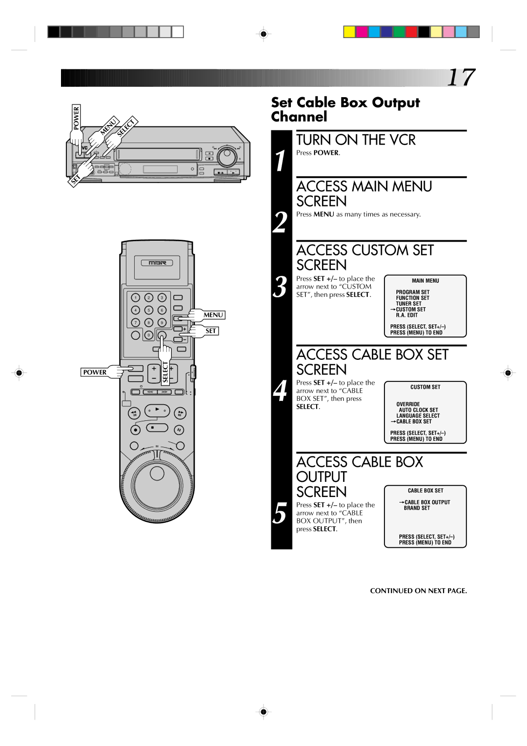 JVC HR-S7300U manual Access Main Menu, Access Cable BOX SET, Output Screen, Set Cable Box Output Channel 