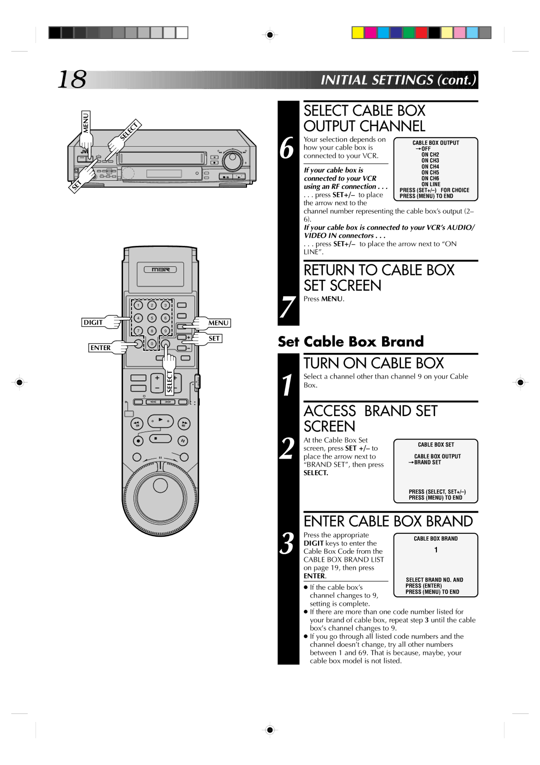 JVC HR-S7300U Select Cable BOX Output Channel, Return to Cable BOX SET Screen, Turn on Cable BOX, Access Brand SET Screen 