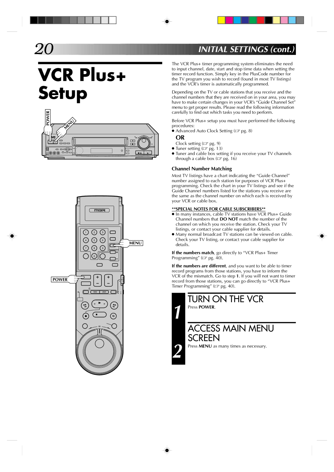 JVC HR-S7300U manual VCR Plus+ Setup, Access Main Menu Screen 