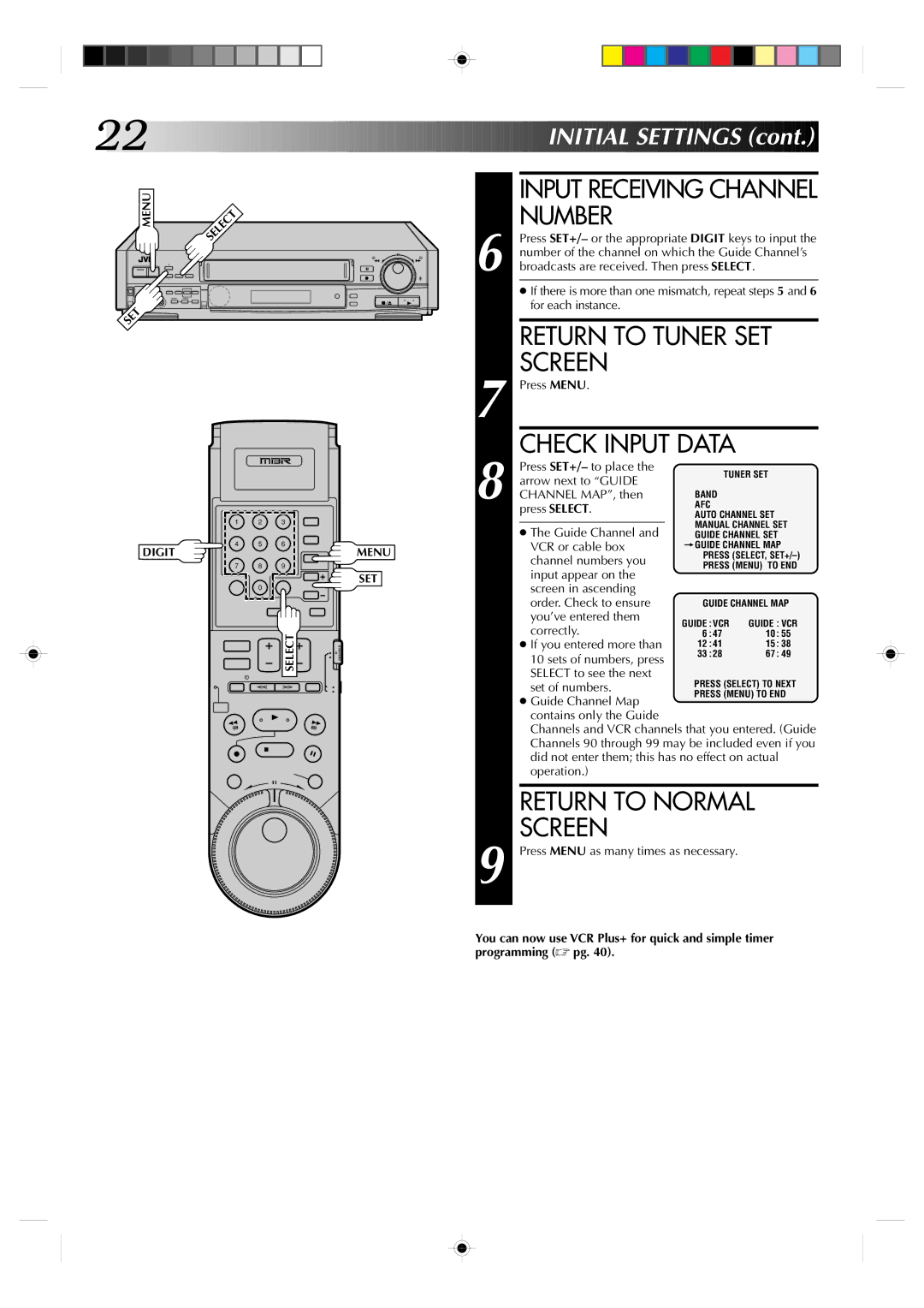 JVC HR-S7300U manual Input Receiving Channel Number, Return to Tuner SET Screen, Check Input Data 