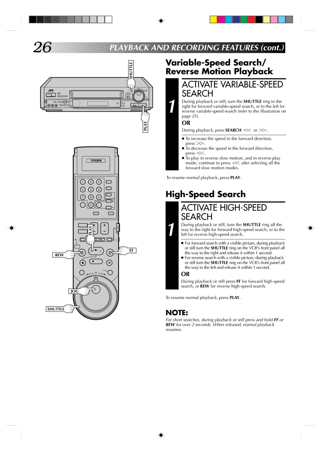 JVC HR-S7300U Activate HIGH-SPEED Search, Layback and Recording Features, Variable-Speed Search/ Reverse Motion Playback 