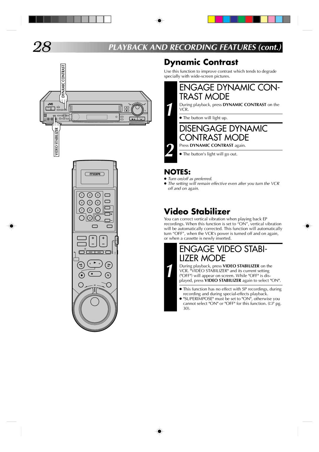 JVC HR-S7300U manual Engage Dynamic CON, Trast Mode, Disengage Dynamic, Contrast Mode, Engage Video Stabi, Lizer Mode 