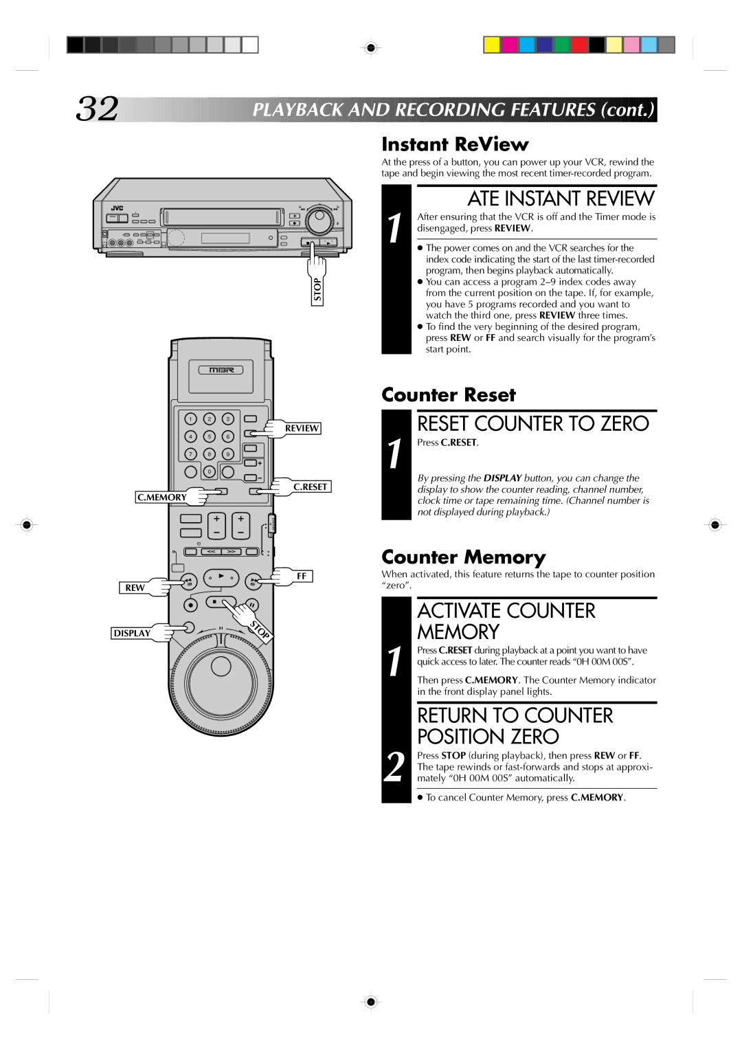 JVC HR-S7300U manual ATE Instant Review, Reset Counter to Zero, Activate Counter Memory 