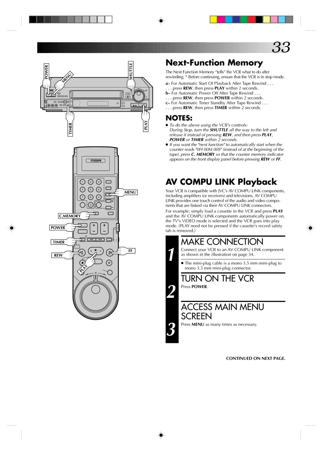 JVC HR-S7300U Make Connection, Next-Function Memory, AV Compu Link Playback, Press REW, then press Timer within 2 seconds 