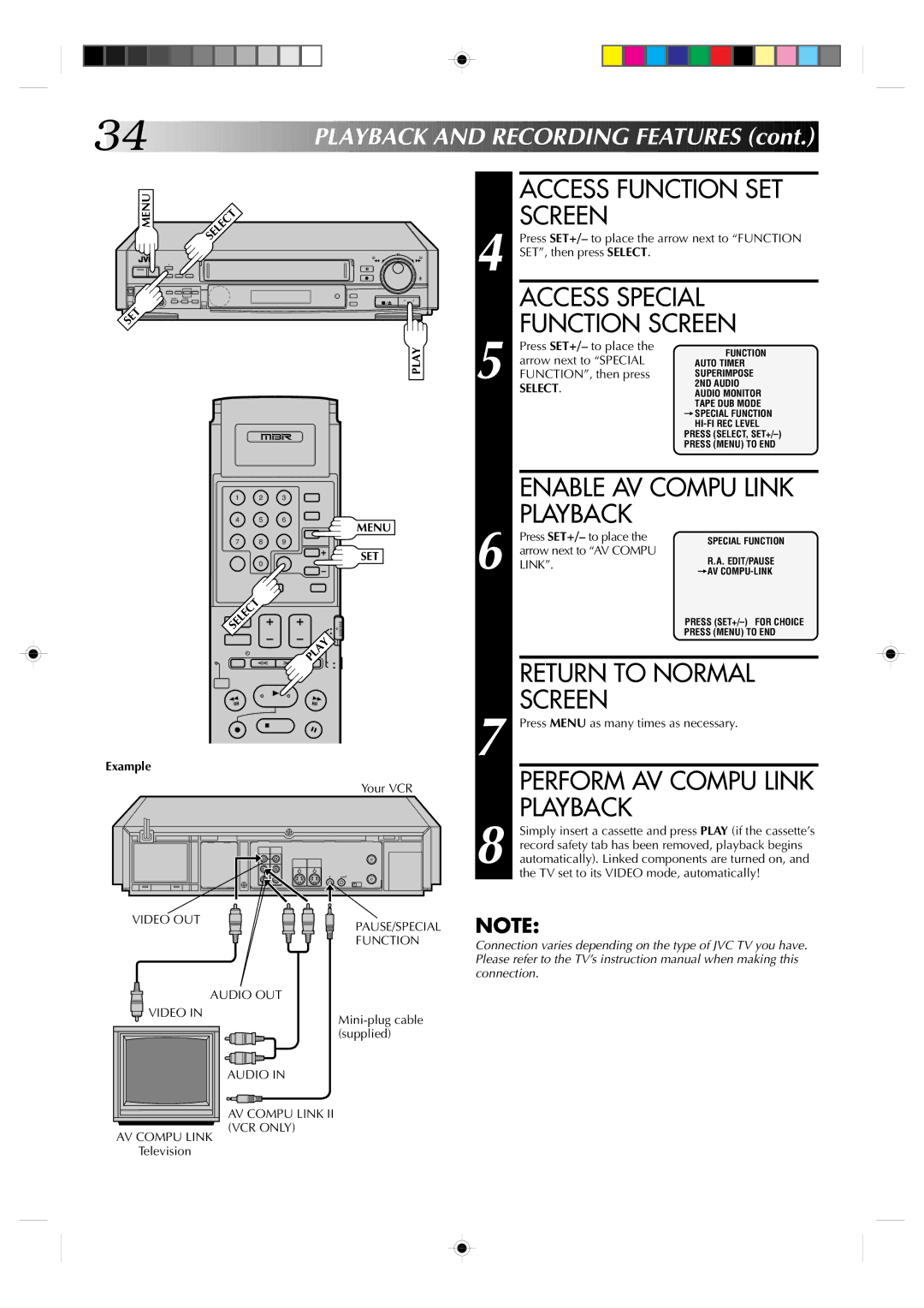 JVC HR-S7300U Example, Press SET+/- to place the arrow next to Function, SET, then press Select, Arrow next to Special 