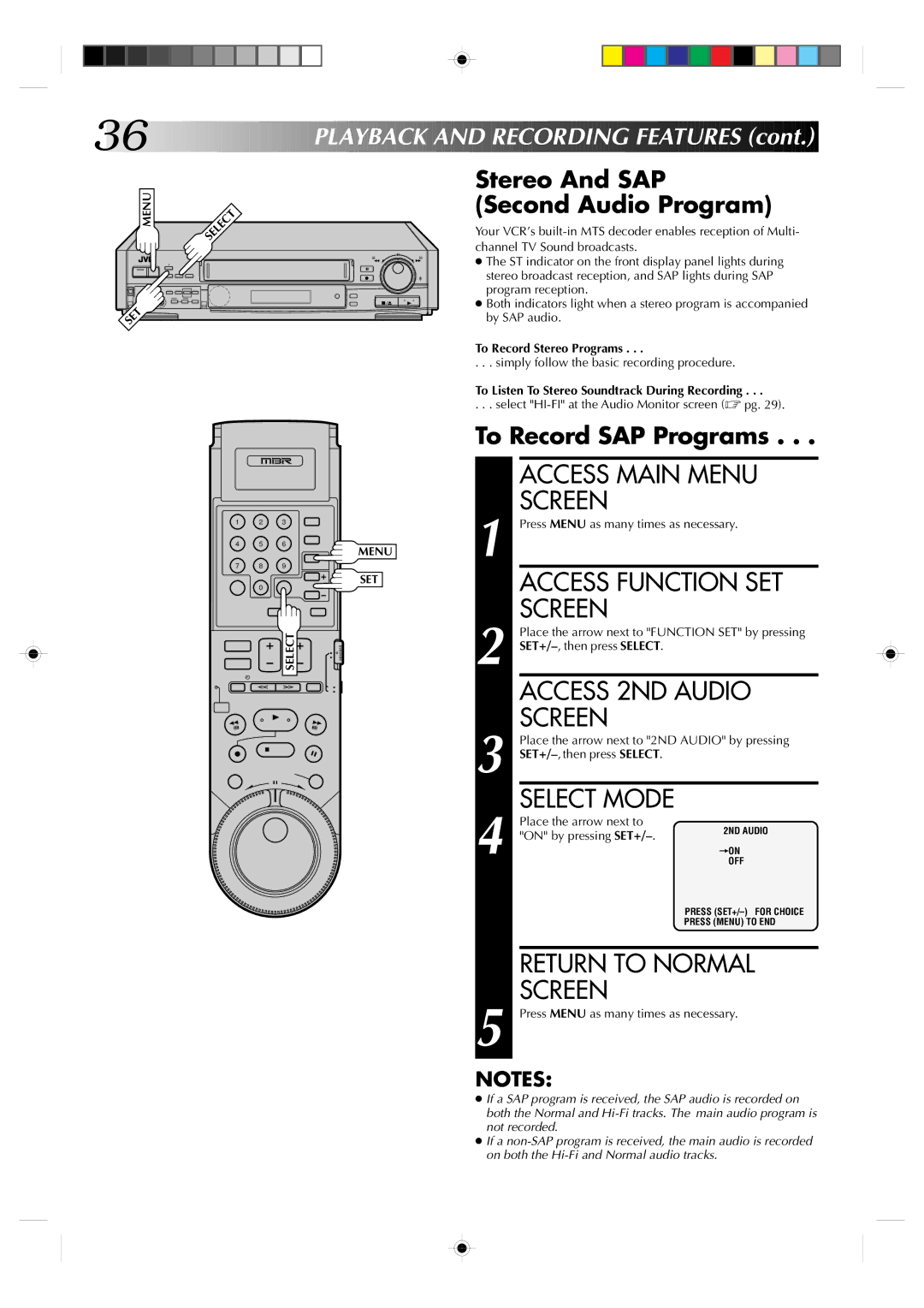 JVC HR-S7300U manual Access Function SET, Access 2ND Audio, Return to Normal, Stereo And SAP Second Audio Program 