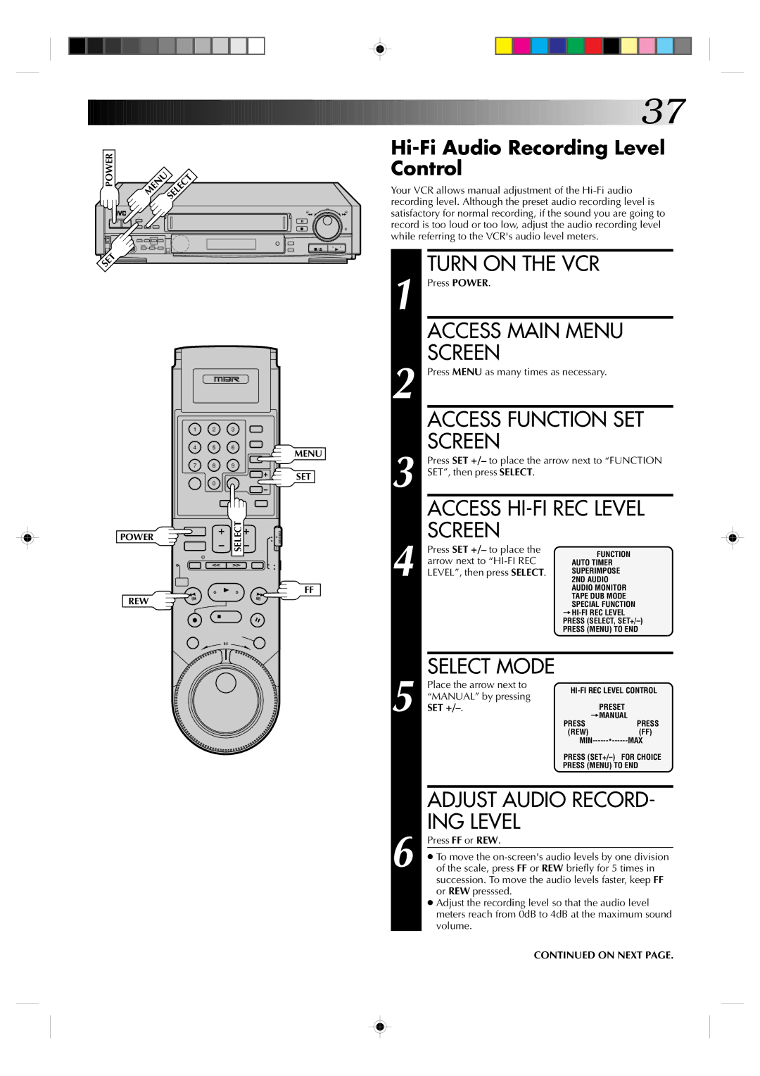 JVC HR-S7300U manual Adjust Audio Record, ING Level, Hi-Fi Audio Recording Level Control, Set + 