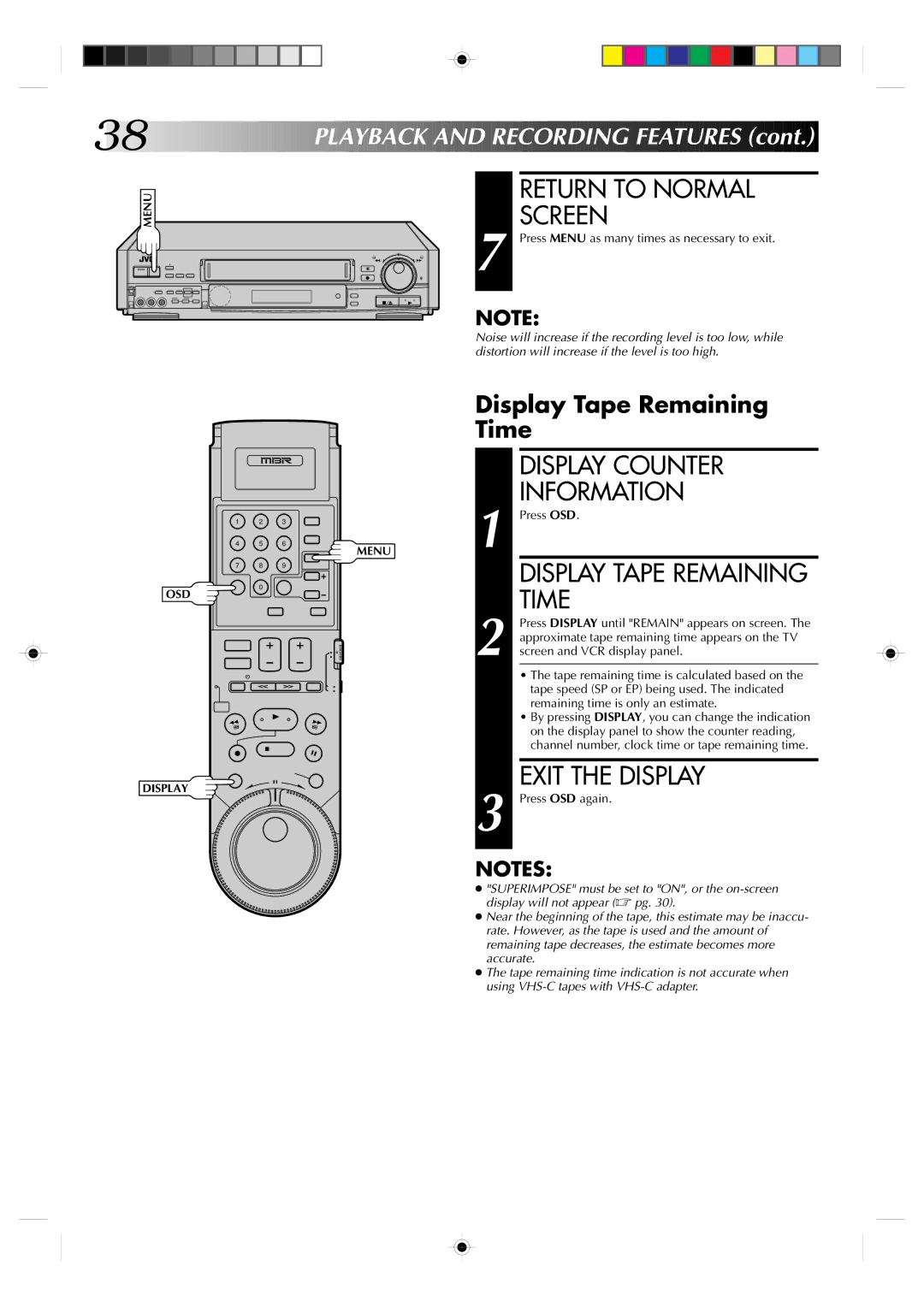 JVC HR-S7300U manual Display Counter Information, Exit the Display, Display Tape Remaining Time 