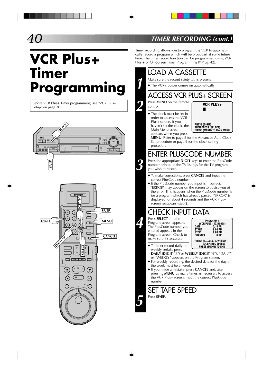 JVC HR-S7300U manual VCR Plus+ Timer Programming 