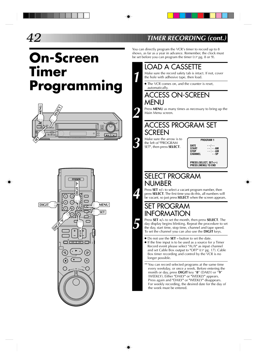 JVC HR-S7300U manual On-Screen Timer Programming, Imer Recording 