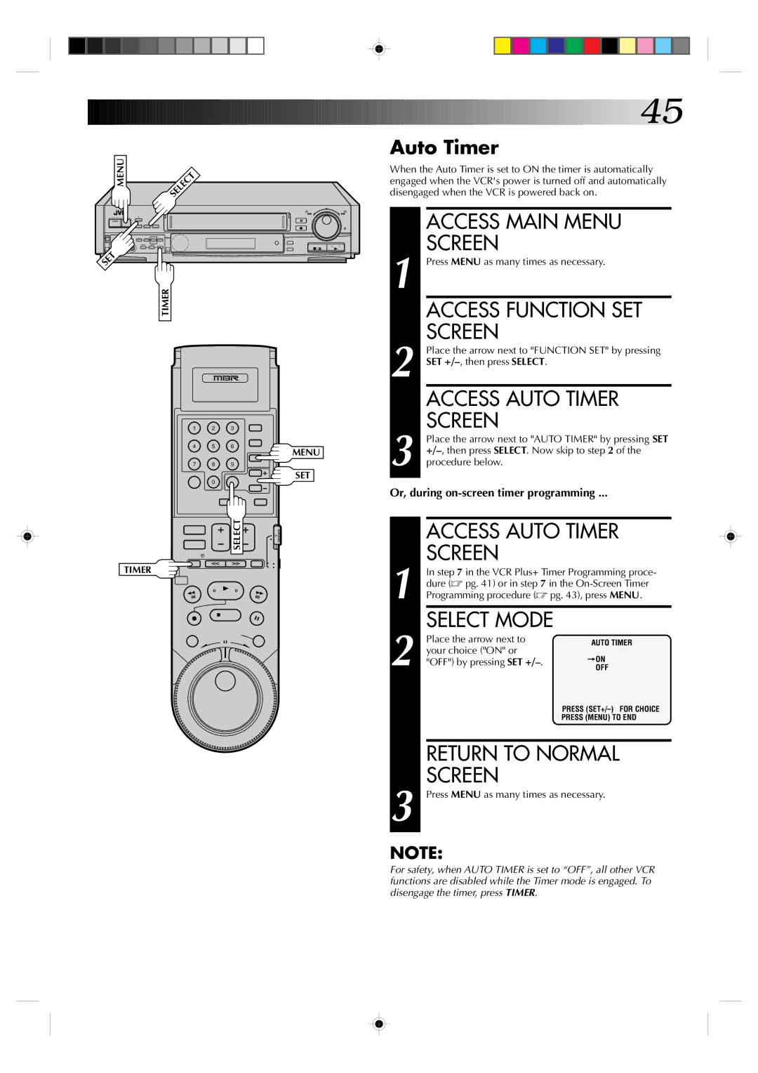 JVC HR-S7300U manual Access Auto Timer, Your choice on or, OFF by pressing SET + 