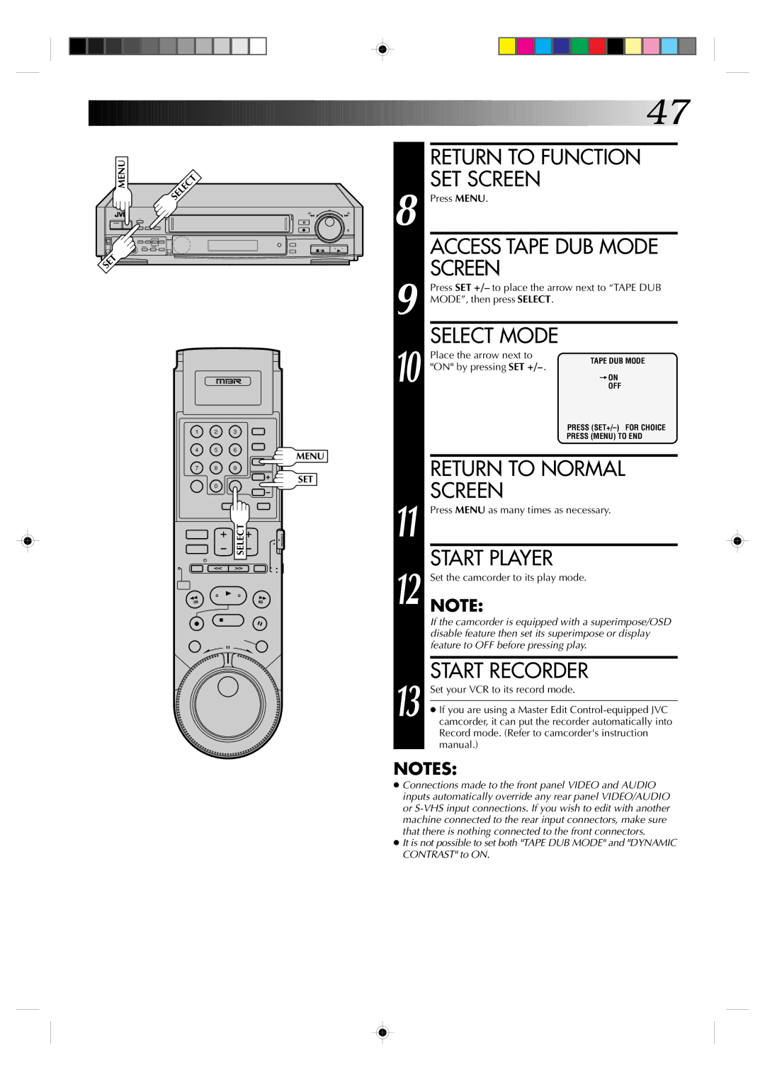 JVC HR-S7300U manual Return to Function SET Screen, Access Tape DUB Mode Screen, Start Player, Start Recorder 