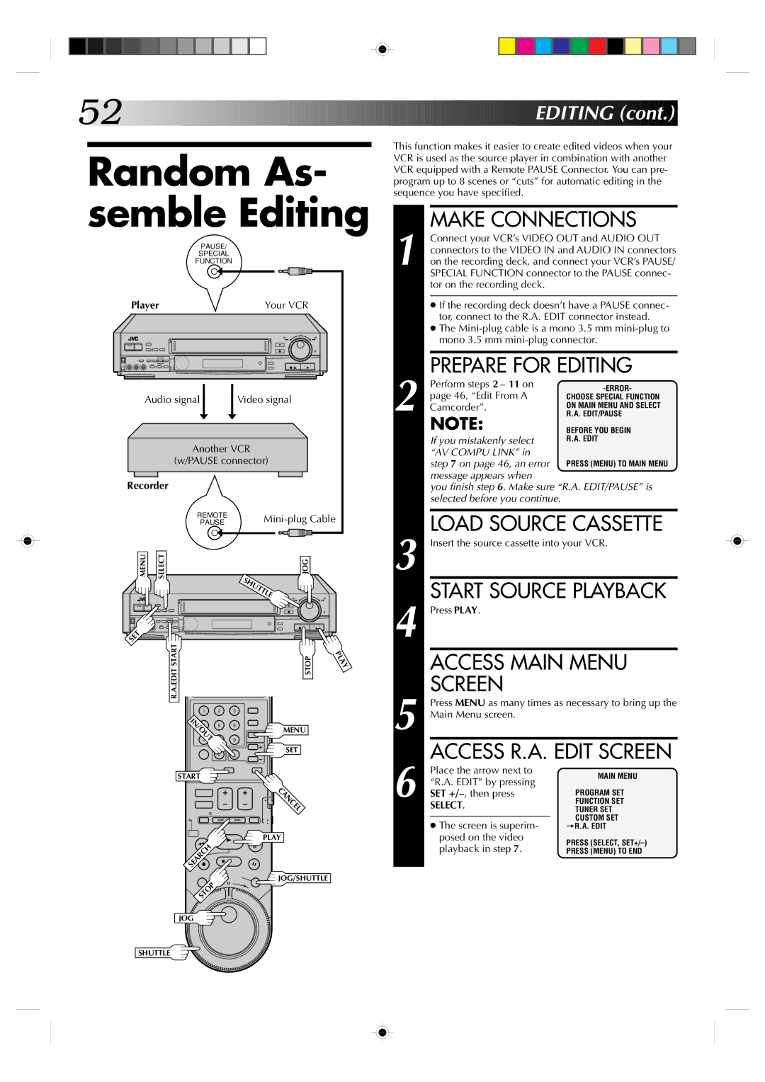 JVC HR-S7300U manual Random As- semble Editing, Prepare for Editing 