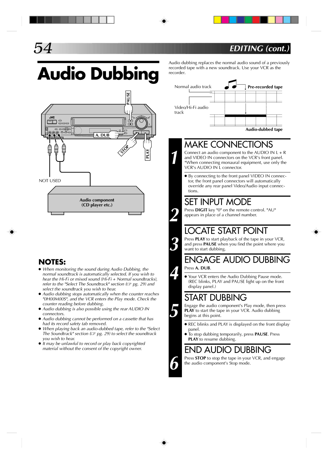 JVC HR-S7300U manual Engage Audio Dubbing, Start Dubbing, END Audio Dubbing, Pre-recorded tape Audio-dubbed tape 